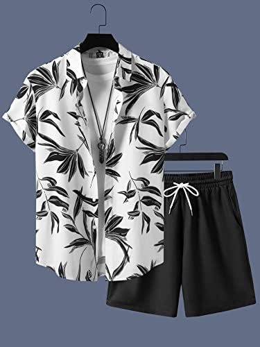 FİOXA İki Parçalı Kıyafetler Erkekler için Yaprak Baskı Gömlek ve İpli Bel Şort Tee Olmadan (Renk : Siyah/Beyaz, Boyutu :