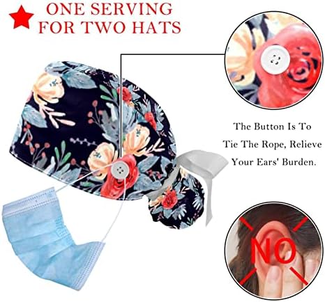 2 Paket Fırçalama Kap Kadın Düğmeleri ile, Ayarlanabilir Elastik Kravat Geri Kafatası Şapka, Çiçek Kabarık Cerrahi Kapak