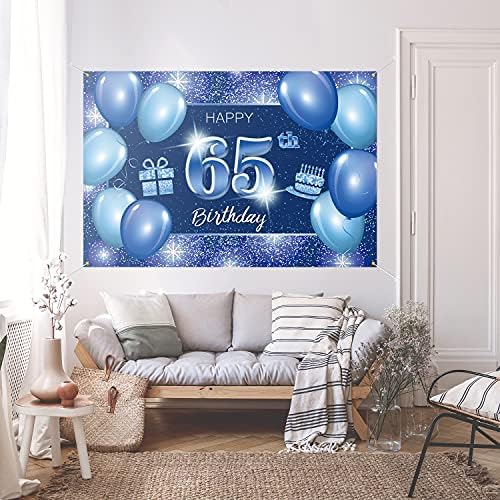 Mutlu 65th Doğum Günü Backdrop Banner Dekor Mavi Nokta Glitter Sparkle 65 Yaşında Doğum Günü partisi Tema Süslemeleri Erkekler