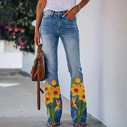 Çan Alt Pantolon Kadınlar için Ayçiçeği Baskı Casual Flare Pantolon Orta Katlı Artı Boyutu Sahte kot pantolon Pantolon cepler