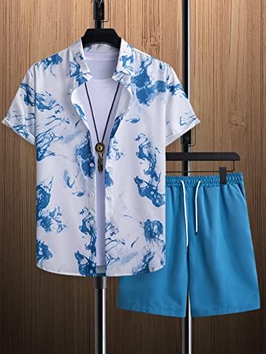 FİOXA Erkekler için İki Parçalı Kıyafetler Erkekler Batik Gömlek ve İpli Bel Şort (Renk: Mavi ve Beyaz, Boyut: X-Large)