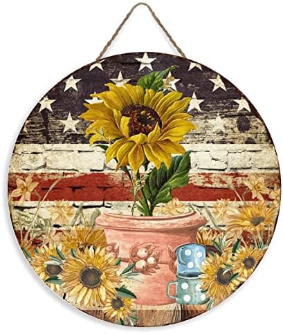 Çiftlik Evi Yuvarlak Ahşap İşareti Ön Kapı Sundurma Dekor Antika Ayçiçeği Sarı Vintage Ülke Çiçek ABD Bayrağı Yıldız ve Çizgili