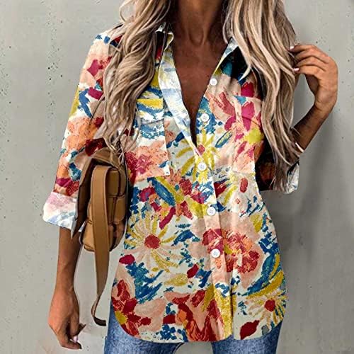 Batik baskı Gömlek Kadınlar için Casual Bluzlar Cep Düğme Aşağı Gömlek Tops Uzun Kollu V Yaka İş Casual Yaka Tops