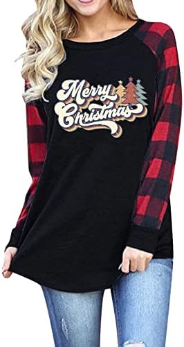 ıLUGU Bayan Günlük Noel Baskı O Boyun Tankı Üstleri Uzun Kollu Gömlek Casual Gevşek Tees Kadın T Shirt
