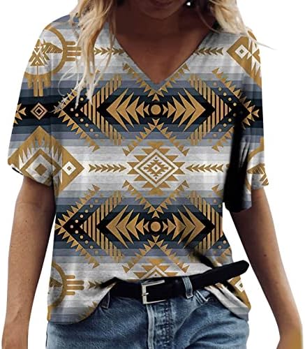 Bayan Tankı Üstleri Yaz Üstleri Kadın V Boyun Tişörtleri Kısa Kollu Tees Gömlek Gevşek Fit Casual Vintage Baskı