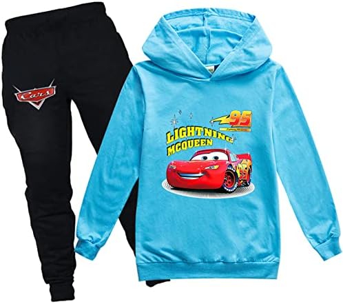 MaxVıvo Çocuk Arabalar Grafik Hoodie Yıldırım McQueen Kazak Tops + koşu pantolonu-2 Parça Eşofman Kıyafetler Göl Mavi