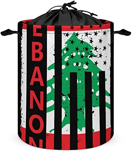 Lübnan ABD Bayrağı çamaşır sepeti Yuvarlak Katlanır çamaşır sepeti Kova Depolama saklama kutusu Halat Saplı