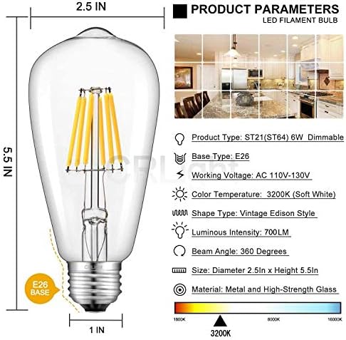 CRLight 6 W Kısılabilir LED Edison Ampul 3200 K Yumuşak Beyaz, 700 Lümen 70 W Eşdeğer E26 Orta Taban, Vintage ST64 Şeffaf