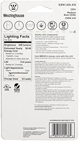 Westinghouse Aydınlatma 4513600 Orta Tabanlı 60 Watt Eşdeğer A15 Yumuşak Beyaz LED Ampul, 1 Adet (1'li Paket), Tek Paket