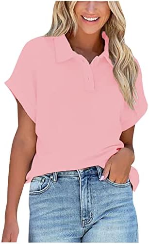 Bayan Üstleri 2023 Yaz Moda V Boyun Kısa Kollu Yakalı Gömlek Şık Rahat Gevşek Tunik Bluzlar Cepli