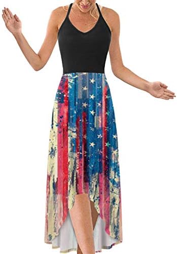 ıQKA kadın Tankı Elbise Temmuz 4th ABD Bayrağı Yıldız ve Çizgili Baskı Midi Elbise Yaz Kolsuz V Boyun uzun elbise Vestidos
