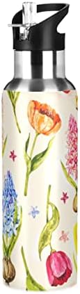 Glaphy Laleler Çiçekler Hasır Kapaklı Vintage Çiçekli Su Şişesi, BPA İçermez, 32 oz Su Şişeleri Yalıtımlı Paslanmaz Çelik,