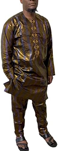 Erkek geleneksel Afrika Bazin riche teinte Uzun kollu L / XL ve pantolon 40-36 x 28-32 kahverengi