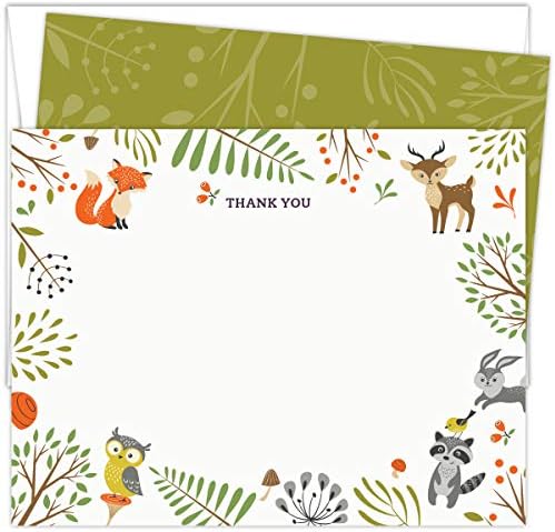 Ormanlık Hayvanlar Bebek Duşu Teşekkür Kartları. 25 Adet 5,5” x 4,25” Düz Not Kartı ve A2 Beyaz Zarf Seti. Ağır Kart Stoğuna