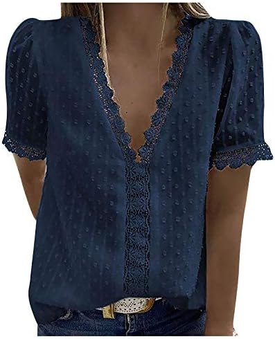 WENY Yaz Üstleri Kadınlar için Moda Bayan Boho Üstleri V Boyun Tığ İşi dantel üstler Kısa Kollu Polka Dot Bluz Gömlek