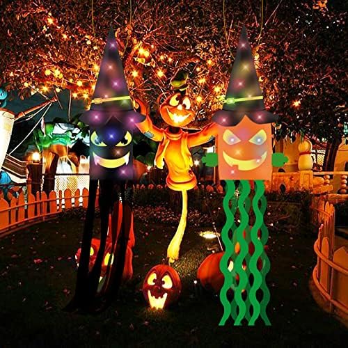 Cadılar bayramı süslemeleri ışıkları, 2 PCS LED kabak ve Yarasa Windsock asılı dekorlar, parlayan cadı şapkası Cadılar Bayramı