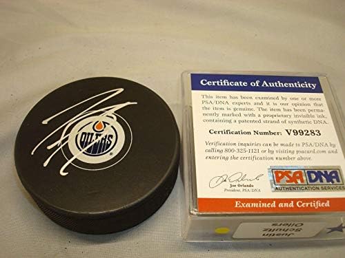 Justin Schultz İmzalı Edmonton Oilers Hokey Diski İmzalı PSA / DNA COA 1A-İmzalı NHL Diskleri