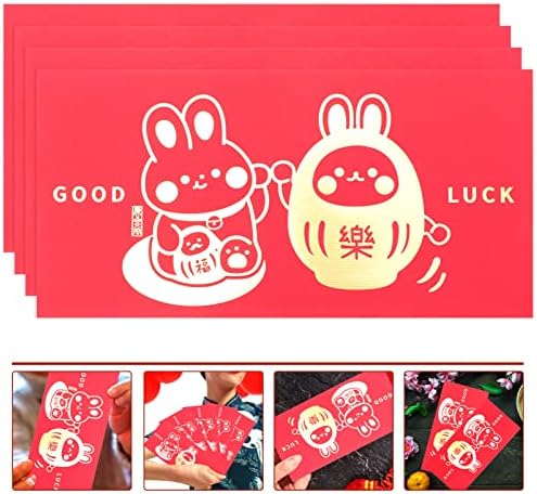 Amosfun Bao 12 adet Yeni Yıl Tavşan Yıl Para Torbalar Para Çantası Karikatür Tavşan Baskı Kırmızı Zarflar Düğün İyilik