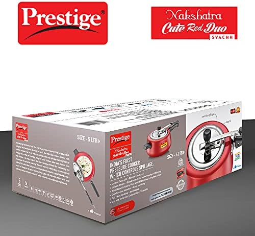 Prestige Nakshatra Cute Duo Svachh Alüminyum İç Kapaklı Düdüklü Tencere, 5 Litre, Kırmızı