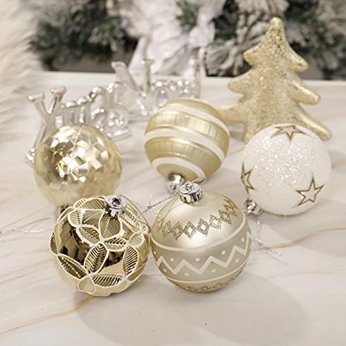 Valery Madelyn Beyaz Altın Noel Dekorasyon Paketi (3 Ürün) 16ct Noel Top Süsleri + 48 inç Noel Ağacı Etek + 21 İnç Noel Çorapları