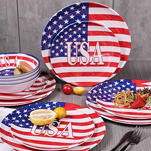 Melamin yemek takımı Setleri 12 Adet Bağımsızlık Günü Amerikan Bayrağı Melamin Yemek Tabakları, Tabaklar ve Kaseler Seti