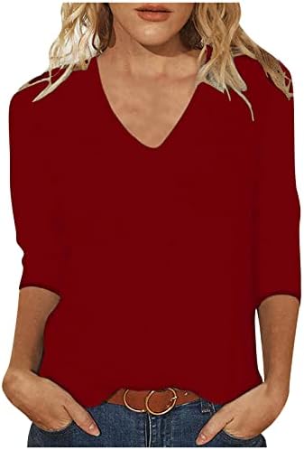 Bayan yazlık gömlek 2023 Şık Casual Tunik Üstleri 3/4 Kollu V Boyun Tişörtleri Parlak Renk Dirsek Uzunlukta Klasik Bluz