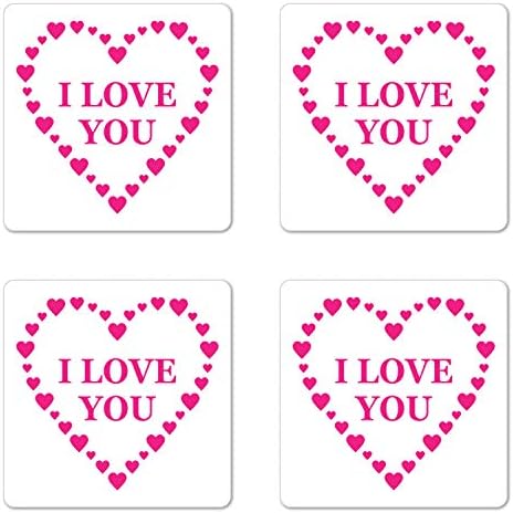Ambesonne Aşk bardak altlığı takımı 4, Romantik Kalpler Seni Seviyorum Düz Zemin Üzerine Yazı İllüstrasyon Deseni, Kare Sunta
