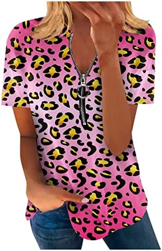UQRZAU kadın Temel Tees 2023 Mizaç Leopar Baskılı V Yaka Zip kısa kollu tişört Üst Üstleri, tişört ve Bluzlar