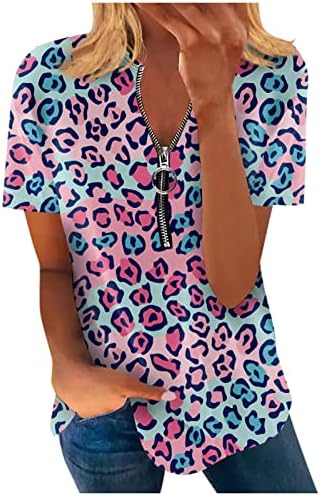 UQRZAU kadın Temel Tees 2023 Mizaç Leopar Baskılı V Yaka Zip kısa kollu tişört Üst Üstleri, tişört ve Bluzlar