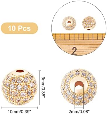 NBEADS 10 Adet Yaklaşık 9.5~10mm Altın Kübik Zirkonya Pirinç Boncuk, mikro Açacağı Ayar Disko Topu halka boncuk Temizle Kristal