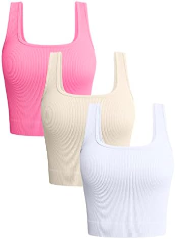 OQQ kadın 3 Parça Tankı Üstleri Nervürlü Dikişsiz Egzersiz Egzersiz Gömlek Yoga Kırpma Üstleri