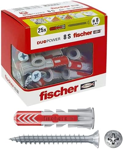 Fischer 544017 25 Vidalı Duopower Dübeller, 8 x 40 mm, Tam Duvar için, Delikli Tuğla, Alçıpan, Gri, Parça
