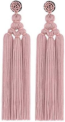 Bohemian Katmanlı Handwoven Uzun Fringe Püskül Dangle Küpe Kadınlar Kızlar için Boho Renkli Katmanlı İplik Boncuk Büyük Büyük