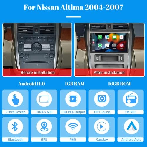 Araba android müzik seti Radyo Nissan Altima 2004 için 2005 2006 2007, Kablosuz Apple CarPlay Android Otomatik, 9 Dokunmatik