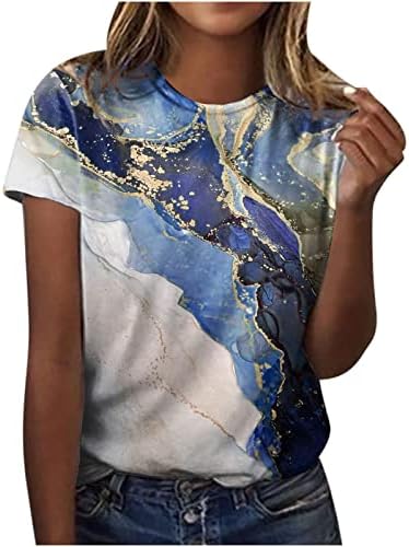 Kısa Kollu Tees Kadınlar için Sonbahar Yaz Tekne Boyun Colorblock Mermer Grafik Casual Tops Tişörtleri Genç Kızlar ZE
