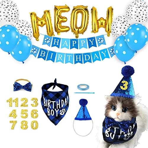 Mavi Kedi Doğum Günü Partisi Malzemeleri, Kesim Kedi Doğum Günü Malzemeleri Kedi Doğum Günü Şapkası Kravat Doğum Günü Numarası