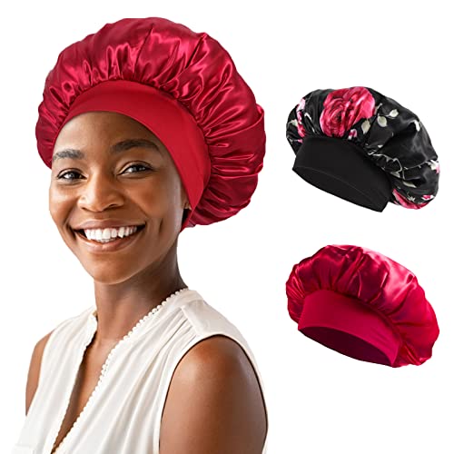 2 Adet Saten Bonnets İpek Bonnet Uyku İpek Uyku Kap Saç Sarar Kadınlar için(Kırmızı Siyah)