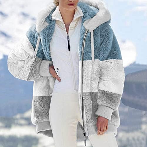 Kadın Bulanık Polar Ceket Kapşonlu Renk Blok Patchwork Hırka Mont Cepler ile Fermuar Uzun Kollu Giyim