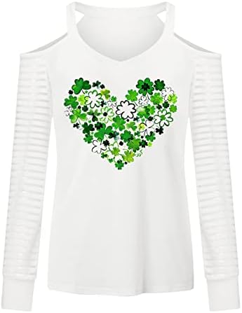 Kadın St Patrick Günü Gömlek Kalp Shamrock Baskı Uzun Kollu T-Shirt St. paddy Günü Seksi Soğuk Omuz Tees En