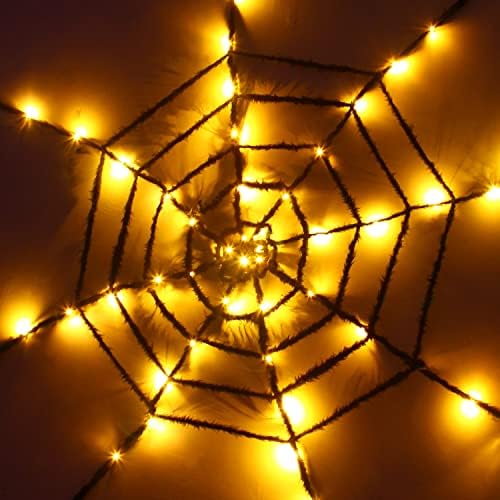CCINEE Cadılar Bayramı örümcek Web ışıkları, 48 LED 4.92 ft çapı turuncu dize ışıkları 2 modu Light up Net için parti kapalı