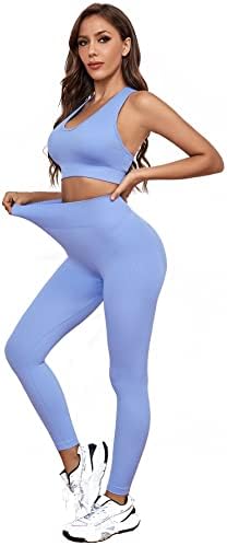 Kadınlar için egzersiz Setleri 2 Parça Dikişsiz Nervürlü Mahsul braHigh Bel yoga kıyafetleri Seti