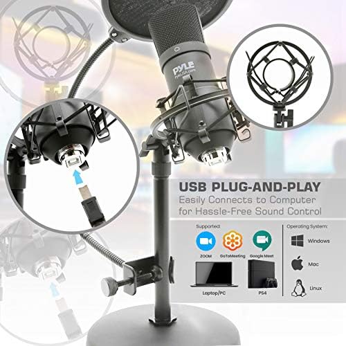 Pyle usb'li mikrofon Podcast Kayıt Kiti-Ses Kardioid Kondenser Mikrofon w/ Masaüstü Standı ve Pop Filtresi-Oyun PS4, Akış,