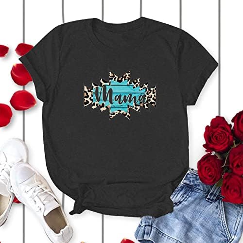 Mama Gömlek Kadınlar için Leopar Grafik kısa kollu tişört Mektup Baskı Mama Gömlek Yaz Casual Crewneck Tops