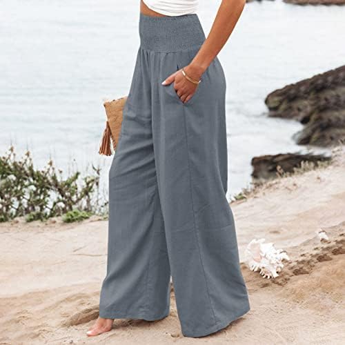 Pantolon Kadınlar için Elastik Bel İpli Pamuk Keten Geniş Bacak Pantolon Cep ile Rahat Gevşek Uzun Salon Pantolon