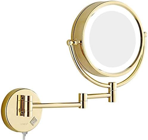 8 İnç LED Işıklı Altın Makyaj Aynası, Büyütmeli Çift Taraflı Ayna, Katlanabilir 360° Döner Duvara Monte Vanity Tıraş Aynası,