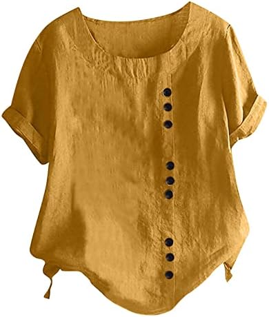 Artı Boyutu Kadınlar için Pamuk Keten Gömlek Yaz Düğme Aşağı Bluzlar Casual Gevşek Ekip Boyun Tees Kısa Kollu Katı Gömlek