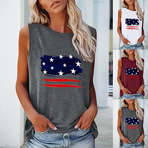 4th Temmuz Tankı Üstleri Kadın Kolsuz O Boyun T-Shirt Amerikan Bayrağı Yıldız Çizgili Vatansever Spor Tunik Tişörtleri