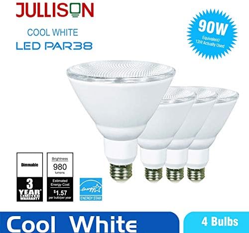 JULLİSON 4 Paket PAR38 LED Ampul, 120 V / 13 W / 980 Lümen / 40 Derece ışın, 90 W Eşdeğer, 3000 K Sıcak Beyaz, CRI80, Kısılabilir,