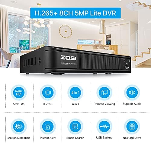 ZOSI H. 265 + Tam 1080 p ev güvenlik kamerası Sistemi Açık Kapalı, 5MP-Lite CCTV DVR 8 Kanal ve 4x1080 p (2MP) gündüz Gece