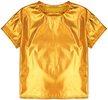 Jugaoge Çocuk Kız Parlak Metalik kısa Kollu Tişörtler Dans Performansı Üstleri Parti Sparkly Kıyafetler